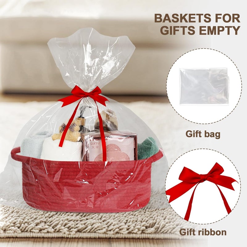 WILLITAT Small Baskets for Gifts Empty, 13"x 9"x 5" Woven Gift Basket with Bag and Ribbon, Cotton Rope Kids Dog Cat Toy Bin Box, Cute Baby Nursery Organizer, Decorative Storage with Handles, Red - Image 2